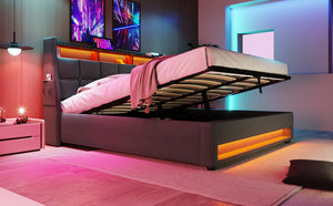 English Elm Full Upholstered Platform Bed with Hydraulic Storage, LED Lighting, USB Ports, Linen Wood Metal Design Grey AA20690708G