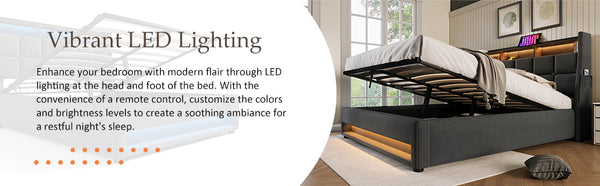 English Elm Full Upholstered Platform Bed with Hydraulic Storage, LED Lighting, USB Ports, Linen Wood Metal Design Grey AA20690708G