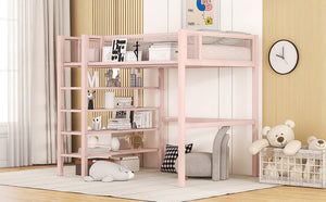 English Elm Twin Metal Loft Bed with 4-Tier Shelves and Built-In Storage Shelf, Sturdy Iron Frame, Space-Saving Design Pink SF000237AAH