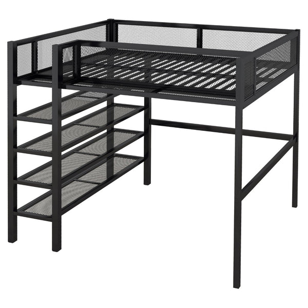 English Elm Full Size Metal Loft Bed with 4-tier Shelving Ladder for Kids or Teen Rooms Black SF000247AAB