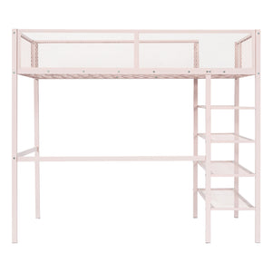 English Elm Twin Metal Loft Bed with 4-Tier Shelves and Built-In Storage Shelf, Sturdy Iron Frame, Space-Saving Design Pink SF000237AAH