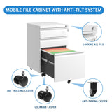 English Elm 3 Drawer Mobile File Cabinet With Lock,Metal Filing Cabinets For Home Office Organizer Letters/Legal/A4,Fully Assembled,White