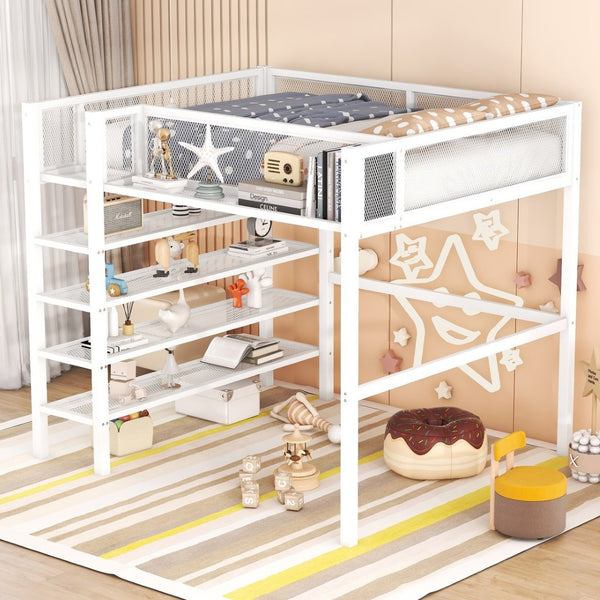 English Elm Full Size Metal Loft Bed with 4-tier Shelving Ladder for Kids or Teen Rooms SF000247AAK