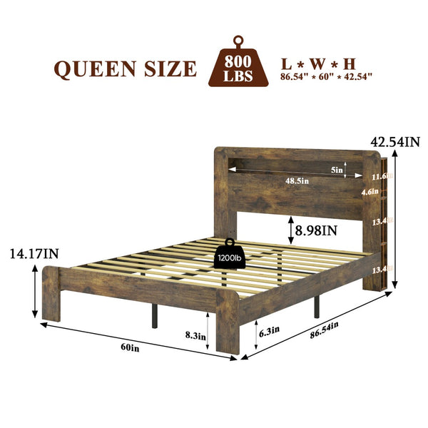 English Elm Bed Queen Platform Frame Dark Brown Wood Led Headboard Usb Charging Ports Storage W636P297020