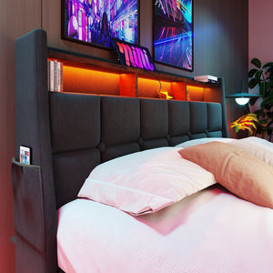 English Elm Full Upholstered Platform Bed with Hydraulic Storage, LED Lighting, USB Ports, Linen Wood Metal Design Grey AA20690708G