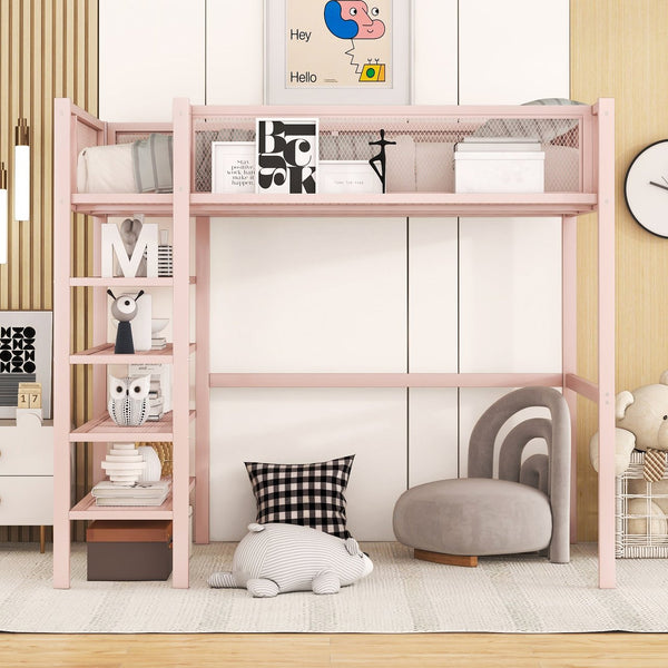 English Elm Twin Metal Loft Bed with 4-Tier Shelves and Built-In Storage Shelf, Sturdy Iron Frame, Space-Saving Design Pink SF000237AAH
