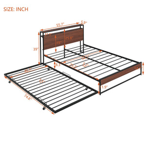 English Elm Full Metal Platform Bed with Trundle and USB Ports, Rustic MDF Wood Planks, Slat Support, No Box Spring Needed Black MF299538AAB
