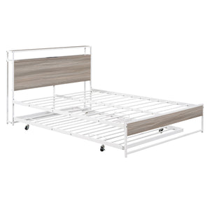 English Elm Full Metal Platform Bed with Trundle and USB Ports, Rustic MDF Wood Planks, Slat Support, No Box Spring Needed White MF299538AAK