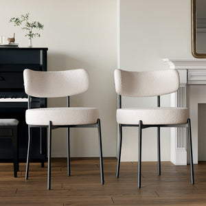 English Elm White Boucle Barrel Dining Chairs Set of 4 Mid Century Sculptural Curved Back W2189S00821