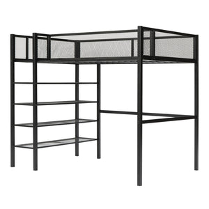 English Elm Twin Metal Loft Bed with 4-Tier Shelves and Built-In Storage Shelf, Sturdy Iron Frame, Space-Saving Design Black SF000237AAB