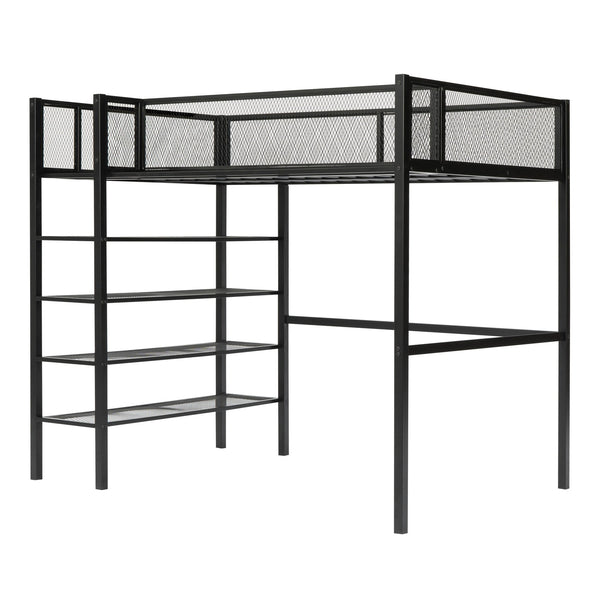 English Elm Twin Metal Loft Bed with 4-Tier Shelves and Built-In Storage Shelf, Sturdy Iron Frame, Space-Saving Design Black SF000237AAB