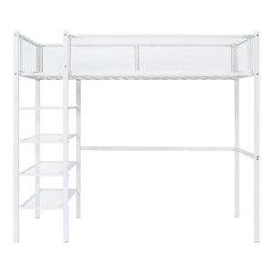 English Elm Twin Metal Loft Bed with 4-Tier Shelves and Built-In Storage Shelf, Sturdy Iron Frame, Space-Saving Design White SF000237AAK