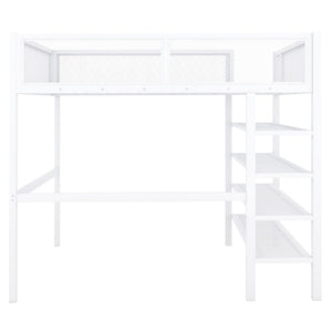 English Elm Full Size Metal Loft Bed with 4-tier Shelving Ladder for Kids or Teen Rooms SF000247AAK