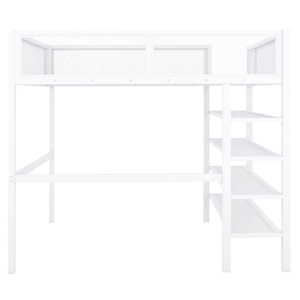 English Elm Full Size Metal Loft Bed with 4-tier Shelving Ladder for Kids or Teen Rooms SF000247AAK