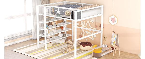 English Elm Full Size Metal Loft Bed with 4-tier Shelving Ladder for Kids or Teen Rooms SF000247AAK