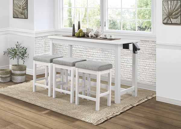 English Elm 4pc Counter Height Dining Set with Built-In USB & Outlets, Drawer Table and 3 Cushioned Stools White 69.25 L x 30.25 W x 8.5 H B011P151857