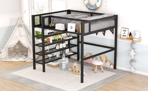 English Elm Full Size Metal Loft Bed with 4-tier Shelving Ladder for Kids or Teen Rooms Black SF000247AAB