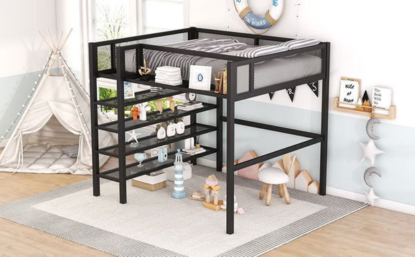 English Elm Full Size Metal Loft Bed with 4-tier Shelving Ladder for Kids or Teen Rooms Black SF000247AAB