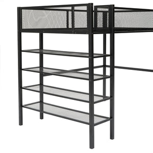 English Elm Twin Metal Loft Bed with 4-Tier Shelves and Built-In Storage Shelf, Sturdy Iron Frame, Space-Saving Design Black SF000237AAB