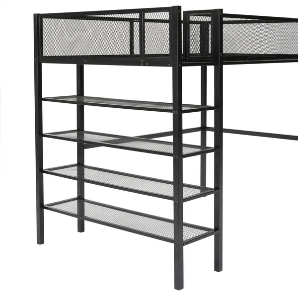 English Elm Twin Metal Loft Bed with 4-Tier Shelves and Built-In Storage Shelf, Sturdy Iron Frame, Space-Saving Design Black SF000237AAB