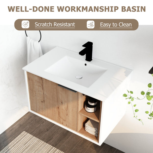 English Elm 30'' Floating Wall-Mounted Vanity with Ceramic Sink, Soft-Close Door, Open Shelves, Durable Plywood Finish W999S00123