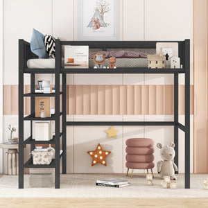 English Elm Twin Metal Loft Bed with 4-Tier Shelves and Built-In Storage Shelf, Sturdy Iron Frame, Space-Saving Design Black SF000237AAB
