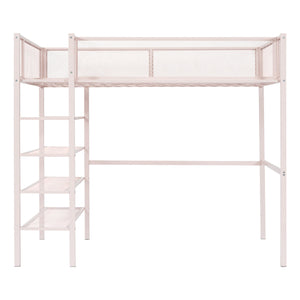 English Elm Twin Metal Loft Bed with 4-Tier Shelves and Built-In Storage Shelf, Sturdy Iron Frame, Space-Saving Design Pink SF000237AAH