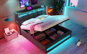 English Elm Queen Upholstered Platform Bed with Hydraulic Storage, LED Lighting, USB Ports & 800LB Capacity Grey AA20690910G