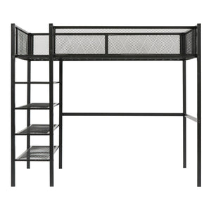 English Elm Twin Metal Loft Bed with 4-Tier Shelves and Built-In Storage Shelf, Sturdy Iron Frame, Space-Saving Design Black SF000237AAB