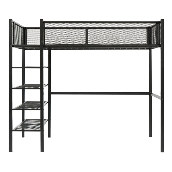 English Elm Twin Metal Loft Bed with 4-Tier Shelves and Built-In Storage Shelf, Sturdy Iron Frame, Space-Saving Design Black SF000237AAB