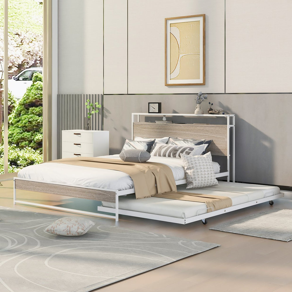 English Elm Queen Metal Platform Bed with Trundle, USB Ports, Sturdy Wood Slats & No Box Spring Needed White MF299542AAK