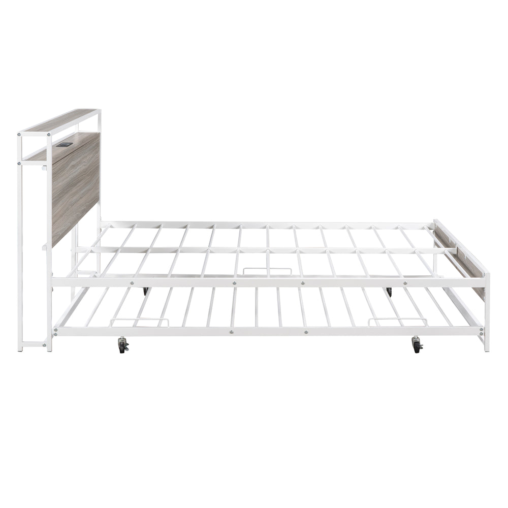 English Elm Full Metal Platform Bed with Trundle and USB Ports, Rustic MDF Wood Planks, Slat Support, No Box Spring Needed White MF299538AAK