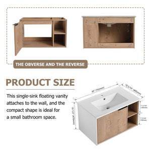 English Elm 30'' Floating Wall-Mounted Vanity with Ceramic Sink, Soft-Close Door, Open Shelves, Durable Plywood Finish W999S00123