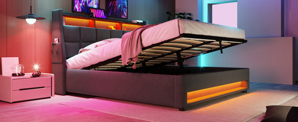 English Elm Full Upholstered Platform Bed with Hydraulic Storage, LED Lighting, USB Ports, Linen Wood Metal Design Grey AA20690708G