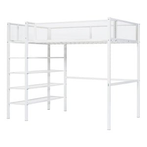 English Elm Twin Metal Loft Bed with 4-Tier Shelves and Built-In Storage Shelf, Sturdy Iron Frame, Space-Saving Design White SF000237AAK