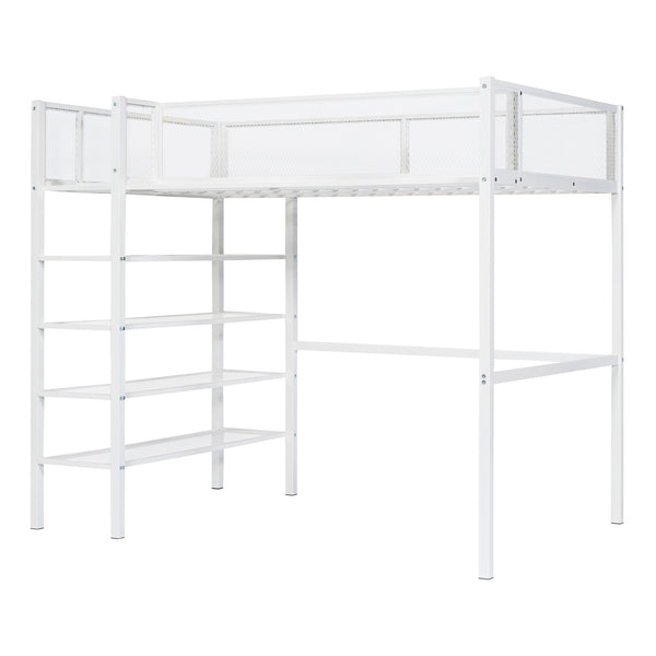 English Elm Twin Metal Loft Bed with 4-Tier Shelves and Built-In Storage Shelf, Sturdy Iron Frame, Space-Saving Design White SF000237AAK