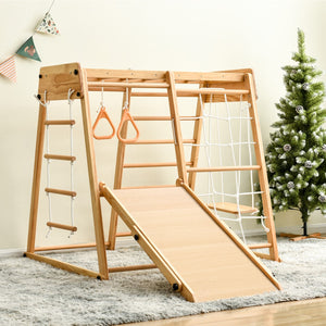 Hearth and Haven Wooden Indoor Kids Playground Jungle Gym with Slide and Play Table, Toddlers Wooden Climber 8-in-1 Slide Playset, Wooden Rock Climbing Ladder with Rope Wall, Swing Rings, Monkey Bars and Swing WF313477AAA