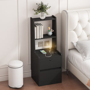 English Elm Nightstand Voice Controlled Night Light & Charging Station with LED Colors, USB+AC Storage Cabinet Black W1321P151791