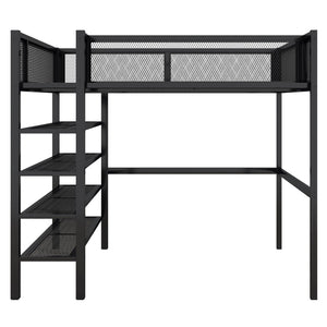 English Elm Full Size Metal Loft Bed with 4-tier Shelving Ladder for Kids or Teen Rooms Black SF000247AAB