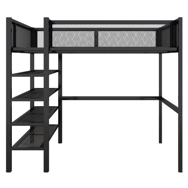 English Elm Full Size Metal Loft Bed with 4-tier Shelving Ladder for Kids or Teen Rooms Black SF000247AAB