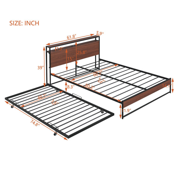 English Elm Queen Metal Platform Bed with Trundle, USB Ports, Sturdy Wood Slats & No Box Spring Needed Black MF299542AAB
