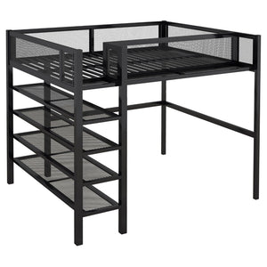 English Elm Full Size Metal Loft Bed with 4-tier Shelving Ladder for Kids or Teen Rooms Black SF000247AAB