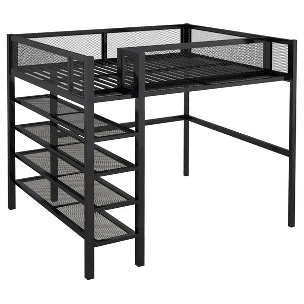 English Elm Full Size Metal Loft Bed with 4-tier Shelving Ladder for Kids or Teen Rooms Black SF000247AAB