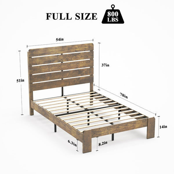 English Elm Bed Frame Full Size Wood Platform with Mdf Headboard Metal Base Under Storage W636P351764