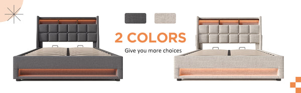 English Elm Queen Upholstered Platform Bed with Hydraulic Storage, LED Lighting, USB Ports & 800LB Capacity Grey AA20690910G