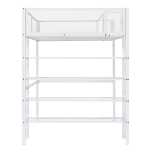 English Elm Twin Metal Loft Bed with 4-Tier Shelves and Built-In Storage Shelf, Sturdy Iron Frame, Space-Saving Design White SF000237AAK