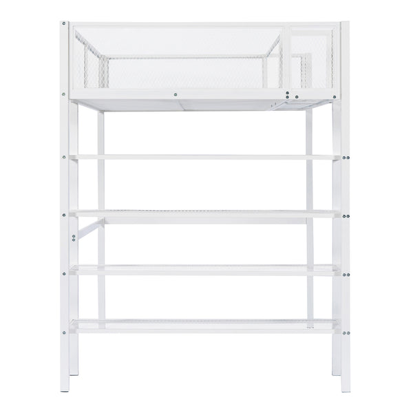 English Elm Twin Metal Loft Bed with 4-Tier Shelves and Built-In Storage Shelf, Sturdy Iron Frame, Space-Saving Design White SF000237AAK