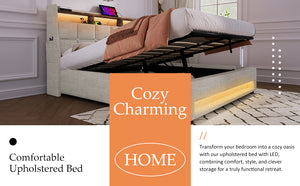 English Elm Queen Upholstered Platform Bed with Hydraulic Storage, LED Lighting, USB Ports & 800LB Capacity Natural AA20690910B