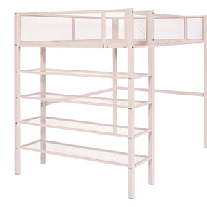 English Elm Twin Metal Loft Bed with 4-Tier Shelves and Built-In Storage Shelf, Sturdy Iron Frame, Space-Saving Design Pink SF000237AAH