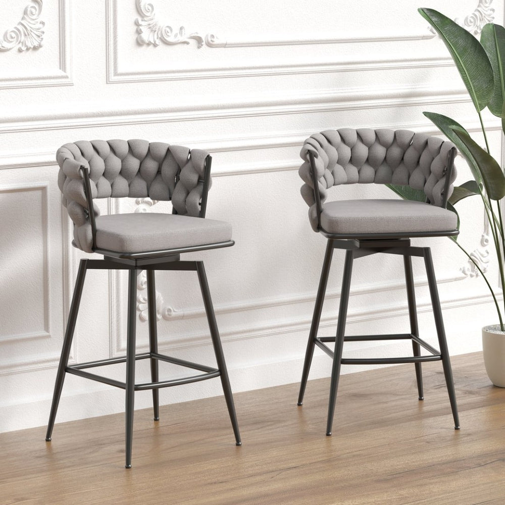 English Elm 26" Swivel Barstools Set of 2 Woven Back Suede Upholstered Gold Leg Counter Chairs W2189S00814